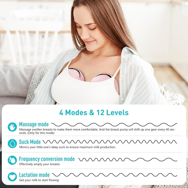 MISK Wearable electrical breast pump for feeding mothers, 4 modes & 12 Levels, Rechargeable, Automatic, Painless & Portable hands-free breastfeeding pump, 210 ML Milk Cup Capacity & 1200mAh Battery, BPA-Free Material, 19mm, 21mm & 24 mm Flange size included, LED Display, FDA approved (1 Year Warranty) - Image 3