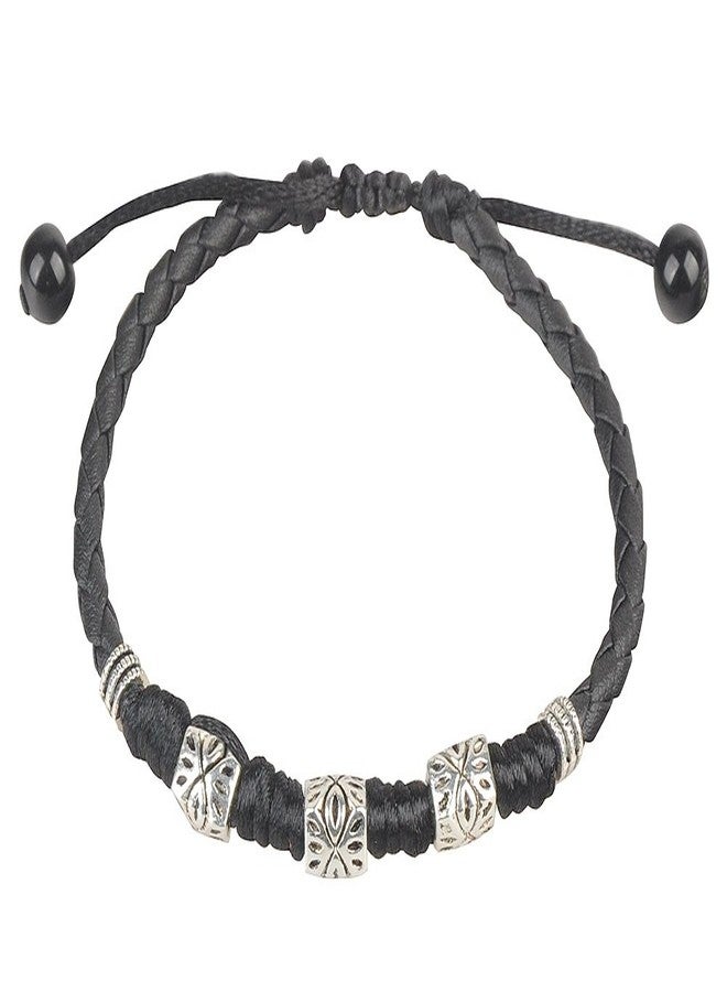 Ancient Tribe Boho Braided Leather Anklet with Silver-Tone Engraved Beads - Adjustable 9-Inch Cord Bracelet for Men and Women
