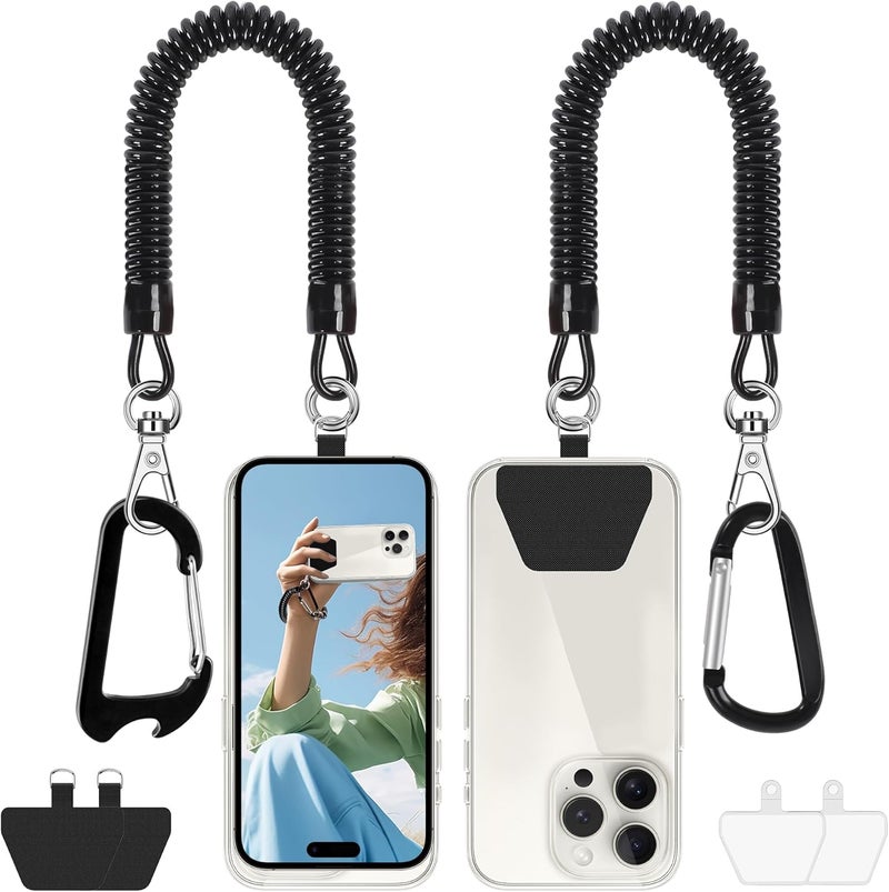 Doormoon حبل هاتف مع 4 رقع، حبل هاتف مع 2* حبل هاتف، 4* رقع، كارابينر*1، فتاحة زجاجات كارابينر*1 للتنزه والتسلق في الهواء الطلق، أسود*2 - Image 1