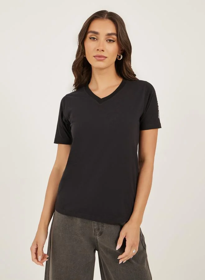 Styli Slogan Printed V Neck Regular Fit T-Shirt