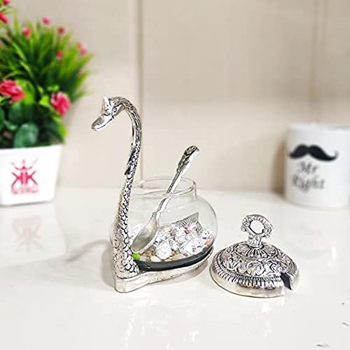 Motor Wings Decorative Swan Glass Sugar Bowl with Spoon Silver Plated Metal Stand and Lid Elegant Home Decor - Image 1