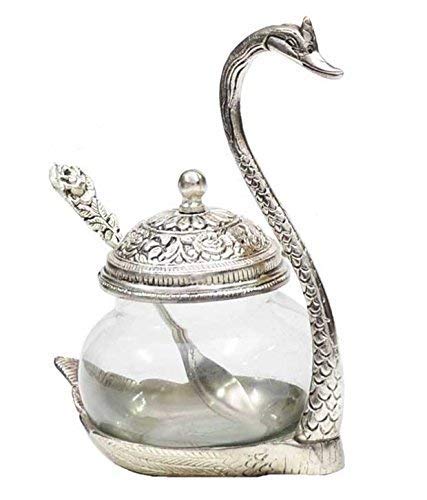 Motor Wings Decorative Swan Glass Sugar Bowl with Spoon Silver Plated Metal Stand and Lid Elegant Home Decor - Image 2