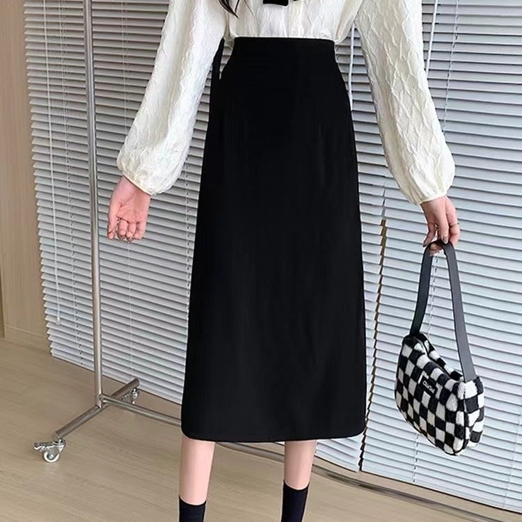 Mid-Length Skirt Women'S 2023 Autumn New Chubby Girl Crotch Skirt High Waist Slim Fashion Split A- Line Skirt - Image 5