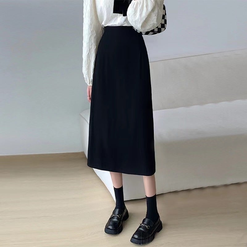 Mid-Length Skirt Women'S 2023 Autumn New Chubby Girl Crotch Skirt High Waist Slim Fashion Split A- Line Skirt - Image 2
