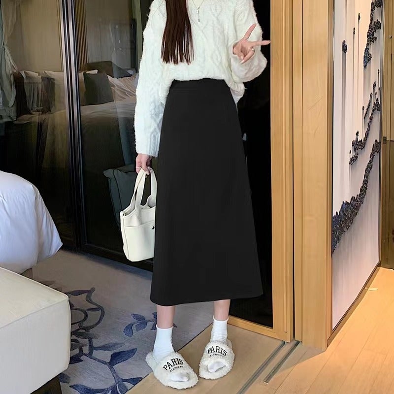 Mid-Length Skirt Women'S 2023 Autumn New Chubby Girl Crotch Skirt High Waist Slim Fashion Split A- Line Skirt - Image 3