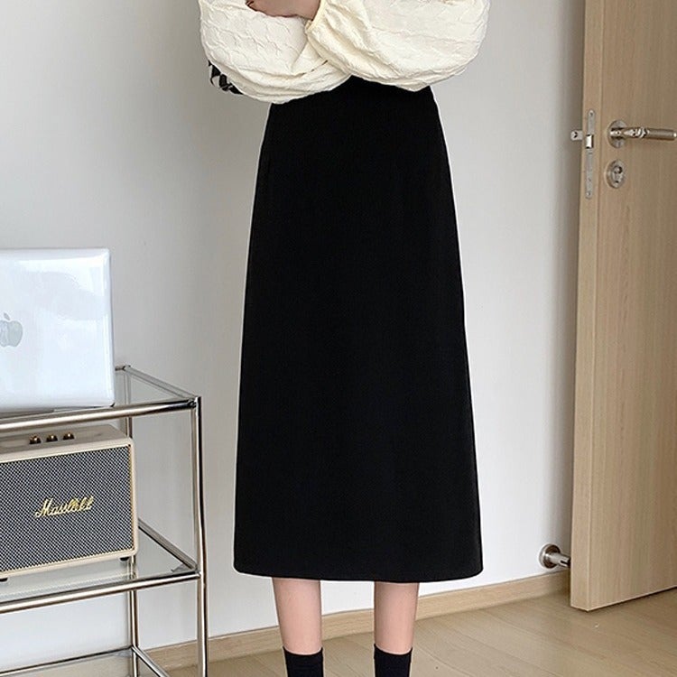 Mid-Length Skirt Women'S 2023 Autumn New Chubby Girl Crotch Skirt High Waist Slim Fashion Split A- Line Skirt - Image 4