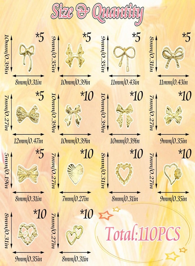 BELICEY 110Pcs Bow Heart Nail Charms Gold 3D Metal Bow Charm for Nails Flatback Heart Bowknot Nails Decoration Cute Nail Bows for Women Manicure DIY Nail Art Design Crafts - Image 2