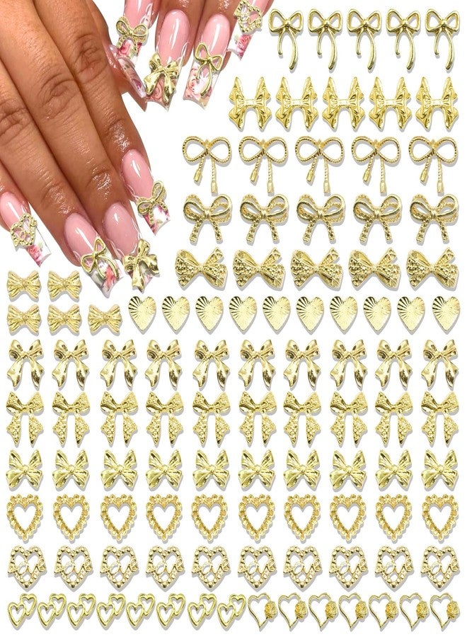BELICEY 110Pcs Bow Heart Nail Charms Gold 3D Metal Bow Charm for Nails Flatback Heart Bowknot Nails Decoration Cute Nail Bows for Women Manicure DIY Nail Art Design Crafts - Image 1