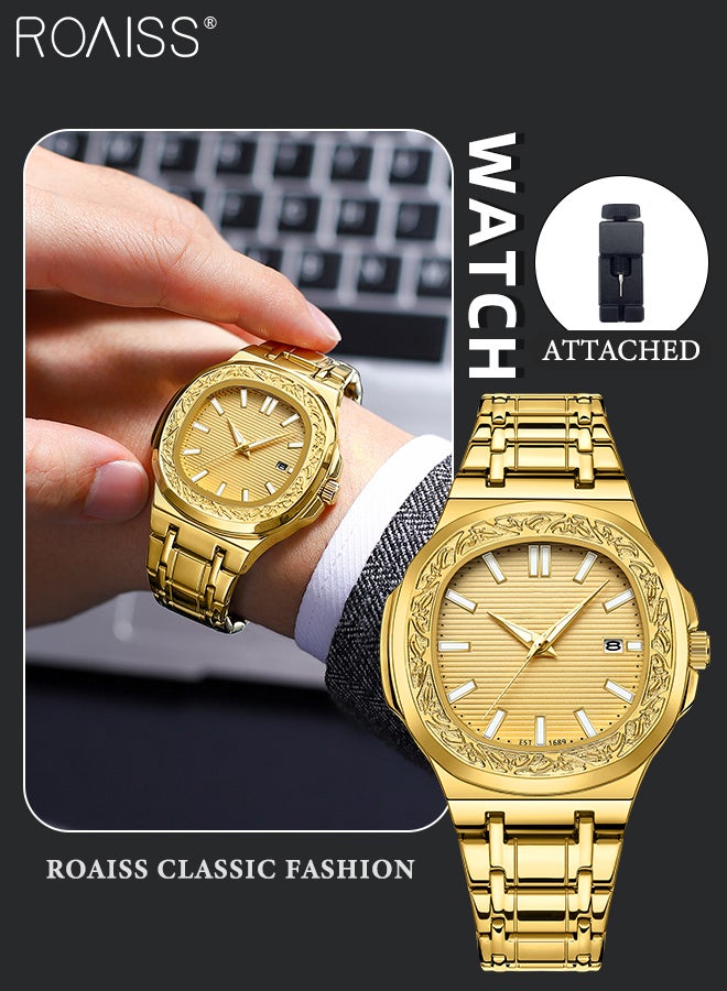 roaiss Men's Retro Quartz Watch, Stylish Casual Gold Steel Band Wristwatch with Calendar Display, Luminous Waterproof Luxury Watches, as Gift for Men - Image 1