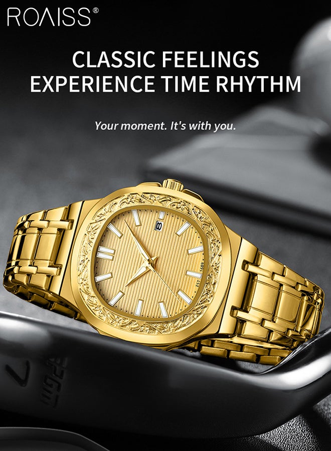 roaiss Men's Retro Quartz Watch, Stylish Casual Gold Steel Band Wristwatch with Calendar Display, Luminous Waterproof Luxury Watches, as Gift for Men - Image 2