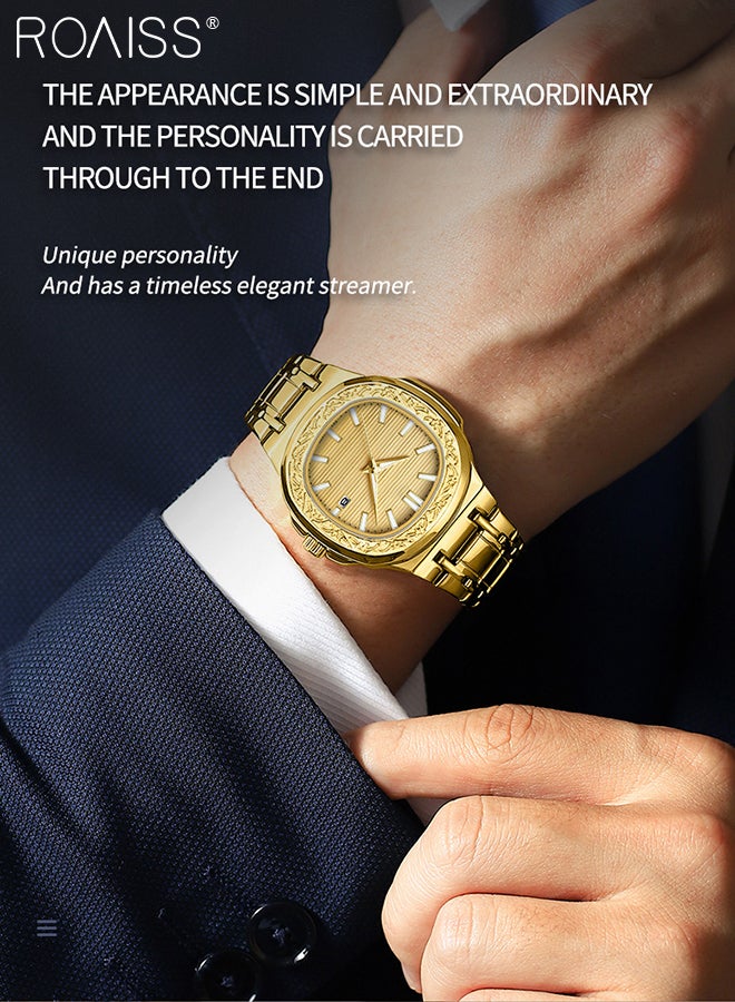 roaiss Men's Retro Quartz Watch, Stylish Casual Gold Steel Band Wristwatch with Calendar Display, Luminous Waterproof Luxury Watches, as Gift for Men - Image 3