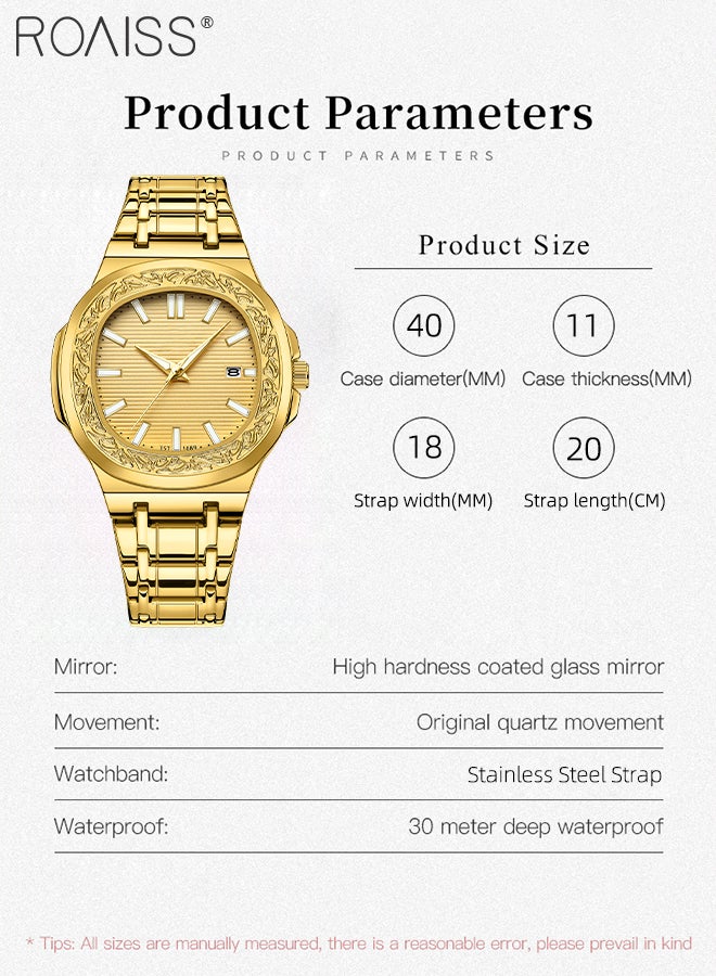 roaiss Men's Retro Quartz Watch, Stylish Casual Gold Steel Band Wristwatch with Calendar Display, Luminous Waterproof Luxury Watches, as Gift for Men - Image 4