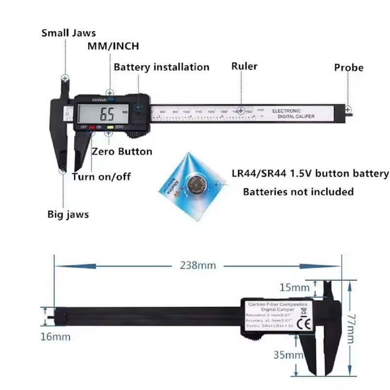 Digital Caliper with LCD Display, 150mm/6inch Range, 0.1mm Resolution, Battery Powered - Image 5
