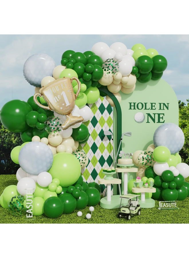 EASUTE Hole in One Golf Birthday Party Decorations, 135PCS Balloon Garland Arch Kit Golf First Birthday Decorations Green White Latex Balloons with Golf Ball Foil Balloons for 1st Golf Themed Party - Image 1