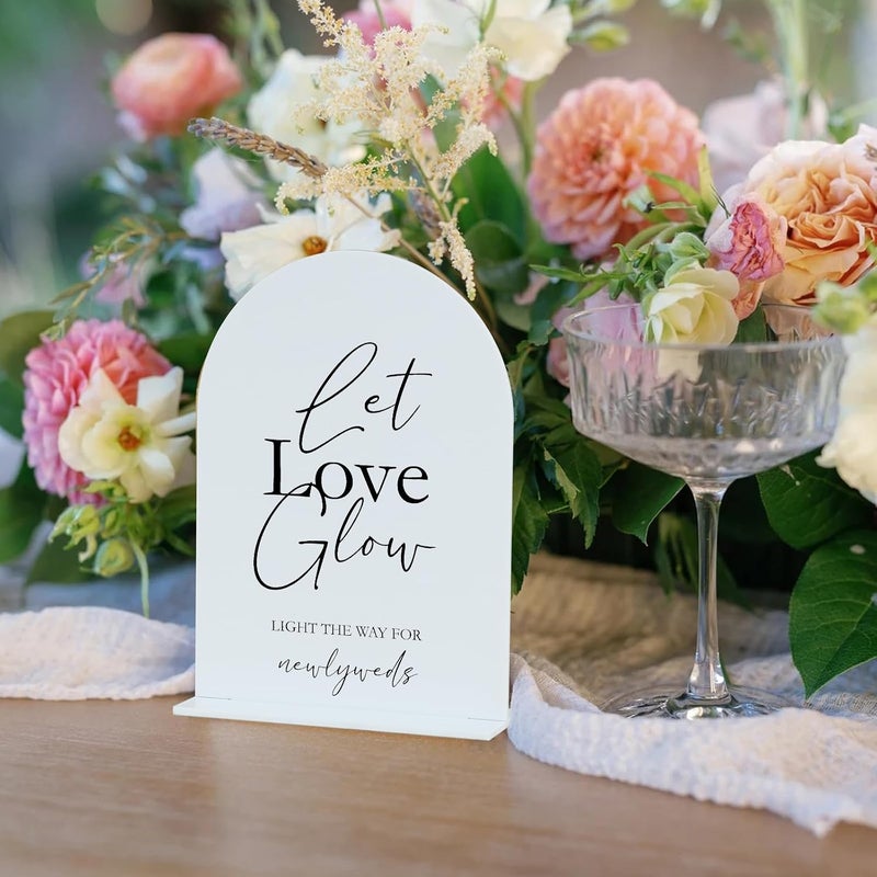 جينميري لافتة أكريليك "Let Love Glow" مع حامل - لافتة زفاف مقوسة بيضاء 5×7 بوصة مع قاعدة، سمك 1/8 بوصة | لافتة أكريليك مقوسة بالخط الحديث بحروف سوداء لحفلات الزفاف والاستقبال والحفلات (5×7 بوصة، أبيض) - Image 4