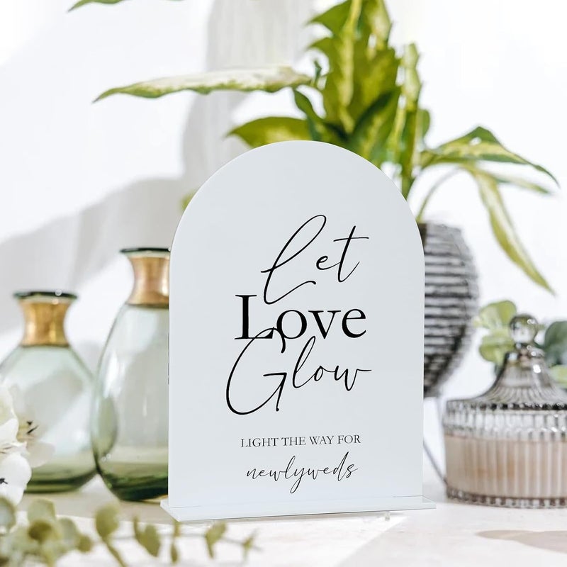 جينميري لافتة أكريليك "Let Love Glow" مع حامل - لافتة زفاف مقوسة بيضاء 5×7 بوصة مع قاعدة، سمك 1/8 بوصة | لافتة أكريليك مقوسة بالخط الحديث بحروف سوداء لحفلات الزفاف والاستقبال والحفلات (5×7 بوصة، أبيض) - Image 5
