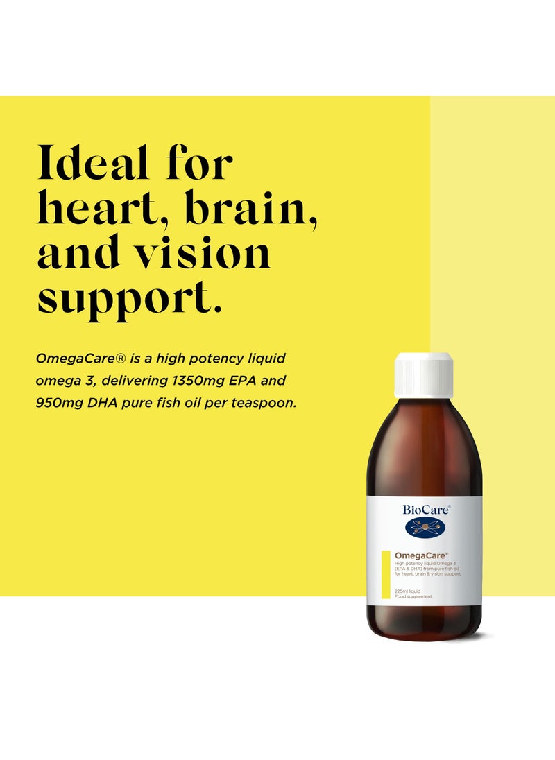 Biocare - Omegacare High Potency Liquid Omega 3 Epa And DHA from Pure Fish Oil for Heart, Brain & Vision Support, 225 Ml Liquid Food Supplement - Image 1