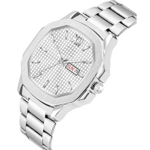 SWADESI STUFF Men's Day Date Watch, 45mm Square Dial, Stainless Steel Band, Silver (White) - Image 4