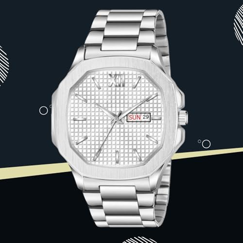 SWADESI STUFF Men's Day Date Watch, 45mm Square Dial, Stainless Steel Band, Silver (White) - Image 2