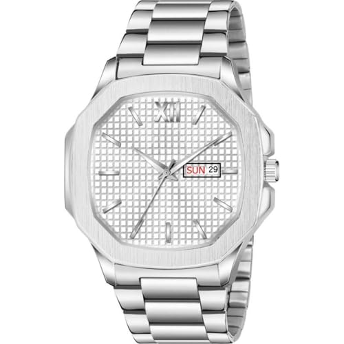 SWADESI STUFF Men's Day Date Watch, 45mm Square Dial, Stainless Steel Band, Silver (White) - Image 1