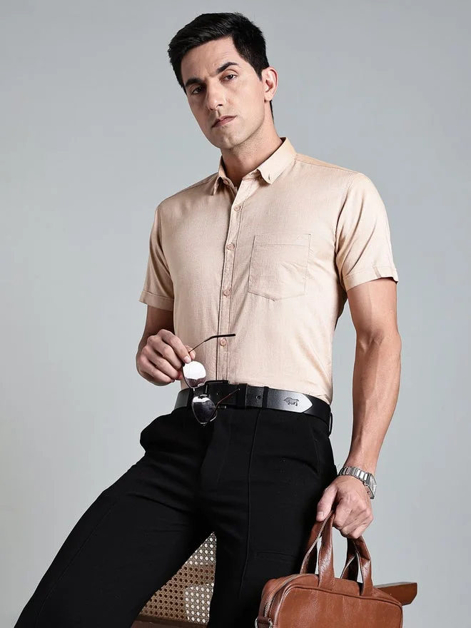Kuons Avenue  KUONS AVENUE Men Beige Short Sleeve Oxford Shirt for Men | Best Price UAE