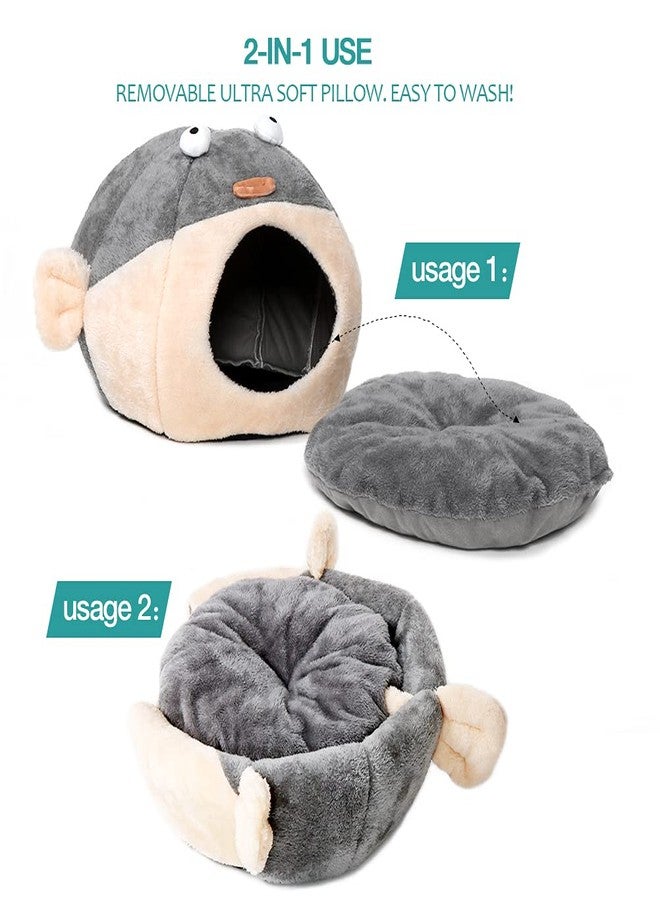Lcybem Cat Beds for Indoor Cats - Cat Bed Cave with Removable Washable Cushioned Pillow, Soft Plush Premium Cotton No Deformation Pet Bed, Lively Pufferfish cat House Design, Grey, Multiple Sizes - Image 4