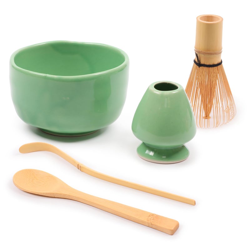 BambooMN Matcha Bowl Set Includes Bowl Rest Tea Whisk Chasaku Tea Spoon 1 Set Soft Light Green