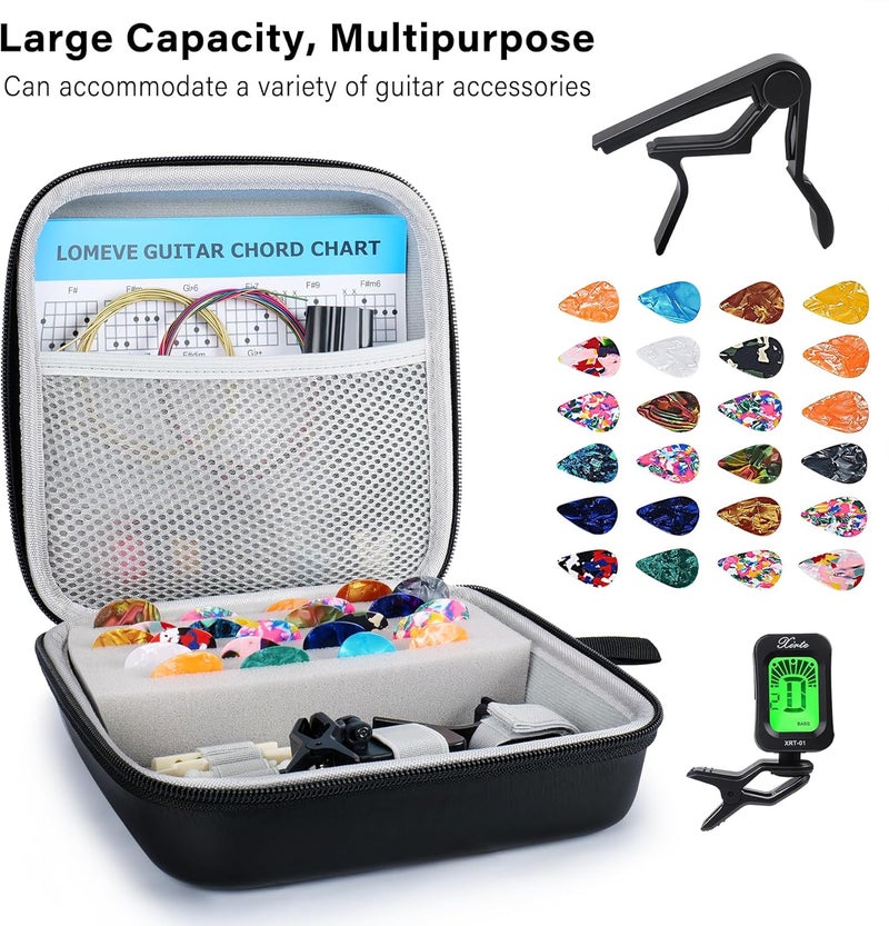FLOMEVE 85PCS Guitar Accessories Kit Holder Case Include Acoustic Strings, Tuner, Capo, 3-in-1 Restring Tool, Picks, Pick Holder, Bridge Pins, Nuts & Saddles, Finger Protector, Chord Chart - Image 3