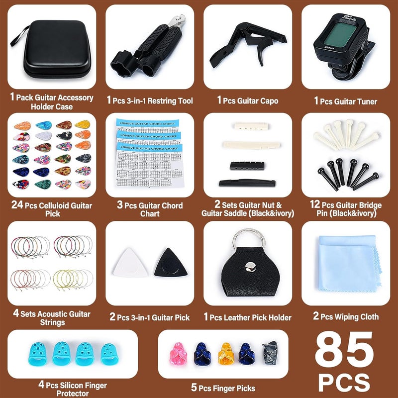 FLOMEVE 85PCS Guitar Accessories Kit Holder Case Include Acoustic Strings, Tuner, Capo, 3-in-1 Restring Tool, Picks, Pick Holder, Bridge Pins, Nuts & Saddles, Finger Protector, Chord Chart - Image 2