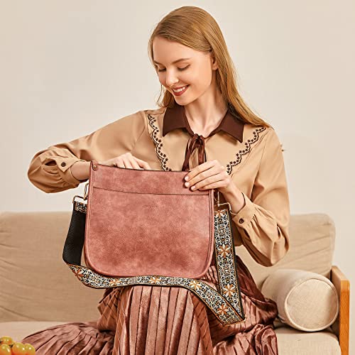 HKCLUF Crossbody Bags for Women Trendy Vegan Leather Hobo Handbags With 2 Adjustable Guitar Strap Crossbody Bucket Shoulder Purse for Women(Pink) - Image 2