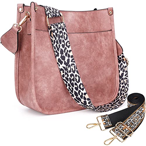 HKCLUF Crossbody Bags for Women Trendy Vegan Leather Hobo Handbags With 2 Adjustable Guitar Strap Crossbody Bucket Shoulder Purse for Women(Pink) - Image 1