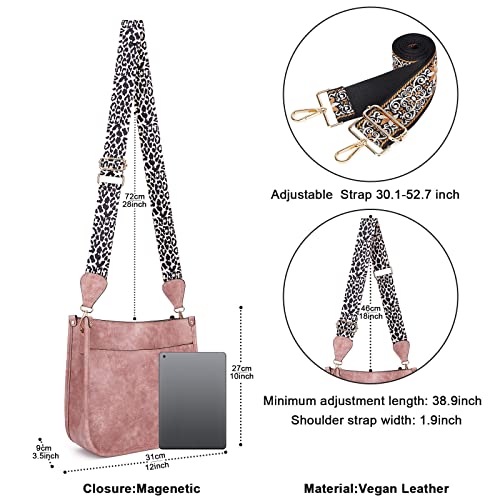 HKCLUF Crossbody Bags for Women Trendy Vegan Leather Hobo Handbags With 2 Adjustable Guitar Strap Crossbody Bucket Shoulder Purse for Women(Pink) - Image 4