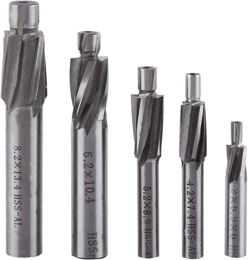 POWLAB مجموعة 5 قطع من مثاقب التوسيع من الفولاذ عالي السرعة M3-M8 4 شفرات HSS-AL عمود مستقيم لمثاقب النحاس والألمنيوم والفولاذ والحديد الزهر - Image 1