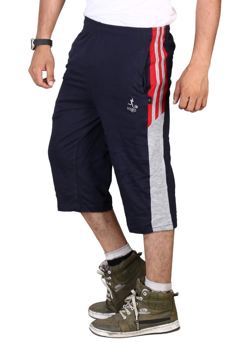 VEGO Men’s Cotton Three Fourth Shorts for Men, 3/4 Capris, Three Quarter Navy - Image 1