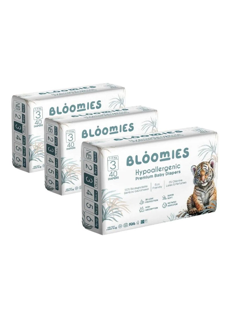 Bloomies Bloomies Premium Tape Style Baby Diapers, Hypoallergenic, 3D Leak Protection, Wetness Indicator, Super Soft, Size 3, 7 to 11kg - 120 Pieces 