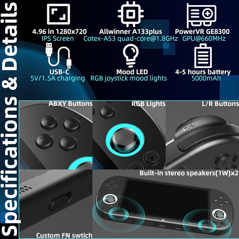 Linux Retro Handheld Console with 128GB TF Card - 4.96 IPS Display, Allwinner A133P CPU, 5000mAh Battery, WiFi Multiplayer - Portable Emulator for 8 Bit to PS1 Games - Image 5