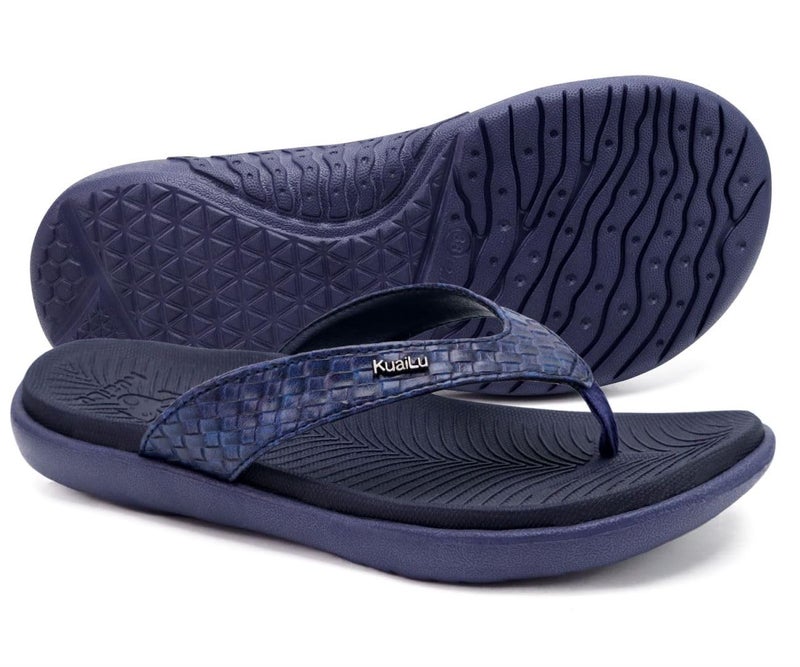 KuaiLu Flip Flops for Women Ladies Yoga Mat Comfortable Sport Walking Thong Sandal With Plantar Fasciitis Arch Support Slip-on Slides Indoor Outdoor For Summer Size 7 Dark Blue - Image 2