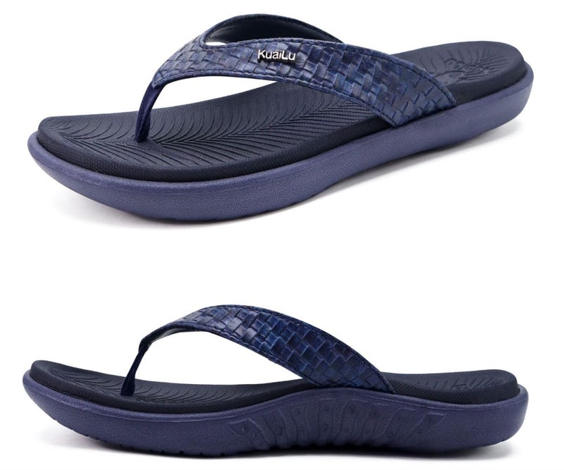 KuaiLu Flip Flops for Women Ladies Yoga Mat Comfortable Sport Walking Thong Sandal With Plantar Fasciitis Arch Support Slip-on Slides Indoor Outdoor For Summer Size 7 Dark Blue - Image 1