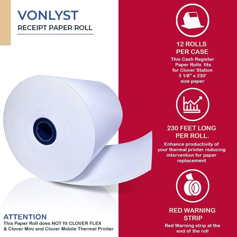 Vonlyst Thermal Receipt Paper Rolls 3 1/8" x 230' for Clover Station (12 rolls) - Image 5