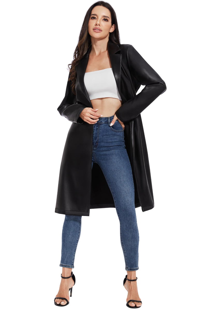 Fahsyee Women's Faux Leather Trench Coat, Motorcycle Jackets PU Moto Biker Outwear Fitted Slim Jacket Black Size M - Image 4