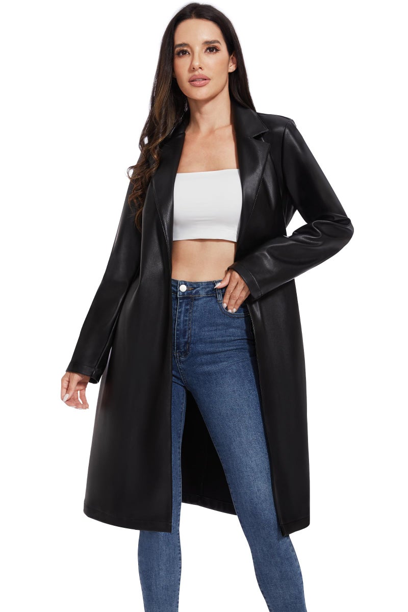 Fahsyee Women's Faux Leather Trench Coat, Motorcycle Jackets PU Moto Biker Outwear Fitted Slim Jacket Black Size M - Image 1