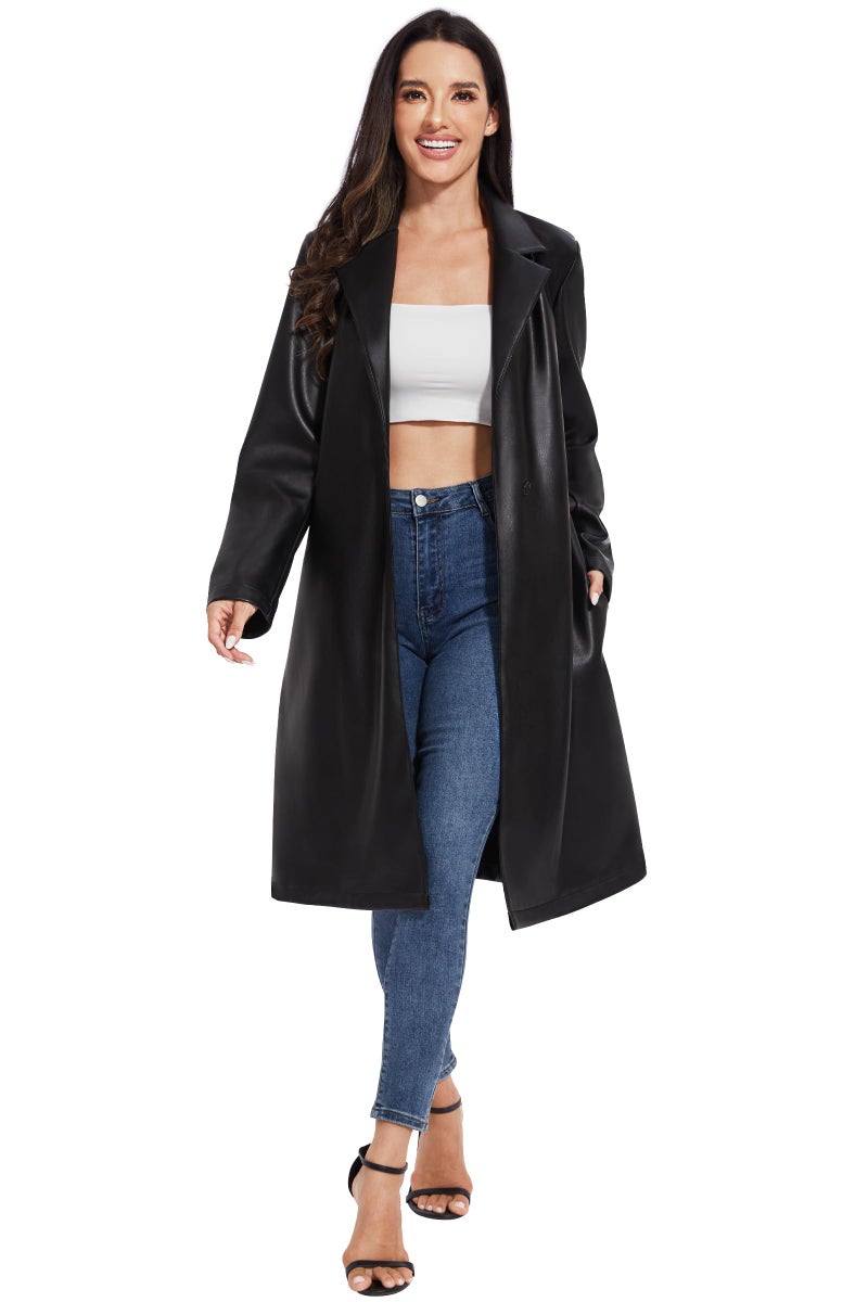 Fahsyee Women's Faux Leather Trench Coat, Motorcycle Jackets PU Moto Biker Outwear Fitted Slim Jacket Black Size M - Image 2