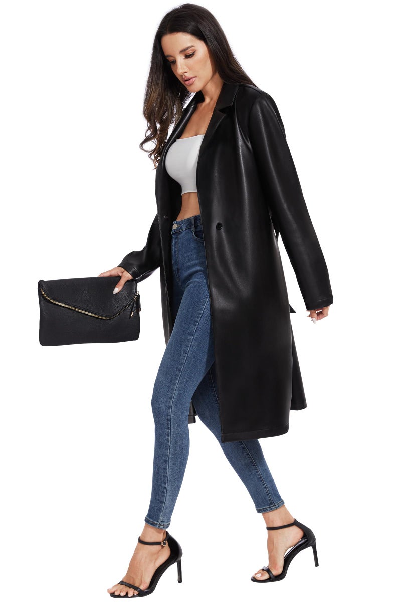 Fahsyee Women's Faux Leather Trench Coat, Motorcycle Jackets PU Moto Biker Outwear Fitted Slim Jacket Black Size M - Image 5