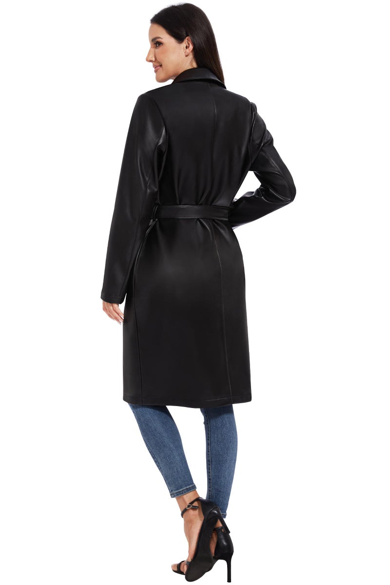 Fahsyee Women's Faux Leather Trench Coat, Motorcycle Jackets PU Moto Biker Outwear Fitted Slim Jacket Black Size M - Image 3