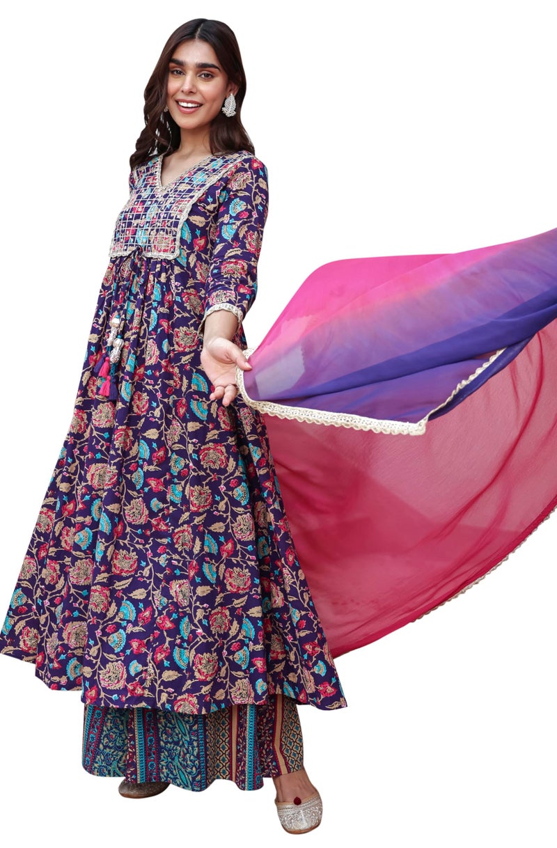 Janasya Women's Purple Cotton Embellished Ethnic Printed Kurta with Flared Palazzo and Dupatta(SET860-KR-PP-A-XS) - Image 1