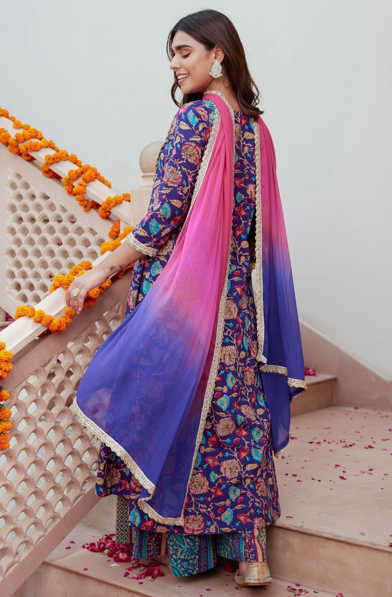 Janasya Women's Purple Cotton Embellished Ethnic Printed Kurta with Flared Palazzo and Dupatta(SET860-KR-PP-A-XS) - Image 5