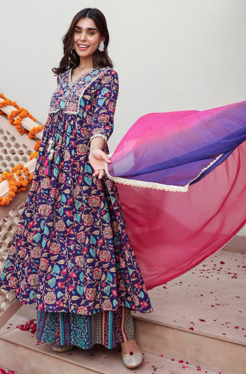 Janasya Women's Purple Cotton Embellished Ethnic Printed Kurta with Flared Palazzo and Dupatta(SET860-KR-PP-A-XS) - Image 2