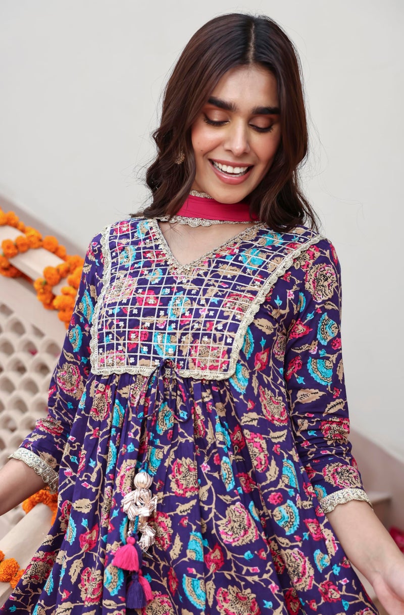 Janasya Women's Purple Cotton Embellished Ethnic Printed Kurta with Flared Palazzo and Dupatta(SET860-KR-PP-A-XS) - Image 4