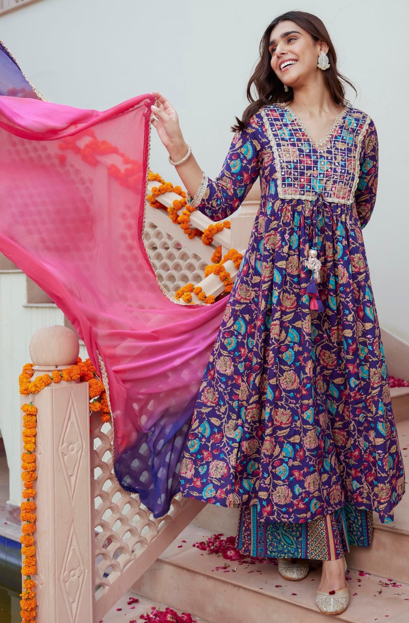 Janasya Women's Purple Cotton Embellished Ethnic Printed Kurta with Flared Palazzo and Dupatta(SET860-KR-PP-A-XS) - Image 3