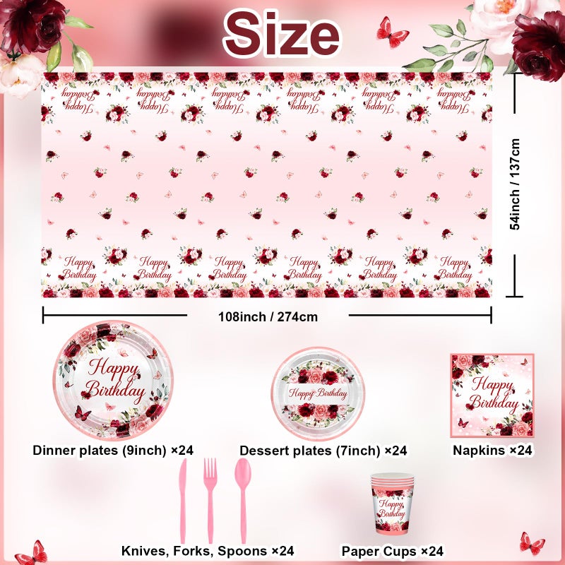 Lecheme Burgundy Birthday Party Decorations 169 Pcs Burgundy Plates and Napkins Cups Tablecloth Serve 24 Rose Gold Floral Butterfly Party Supplies for Women Girl - Image 2